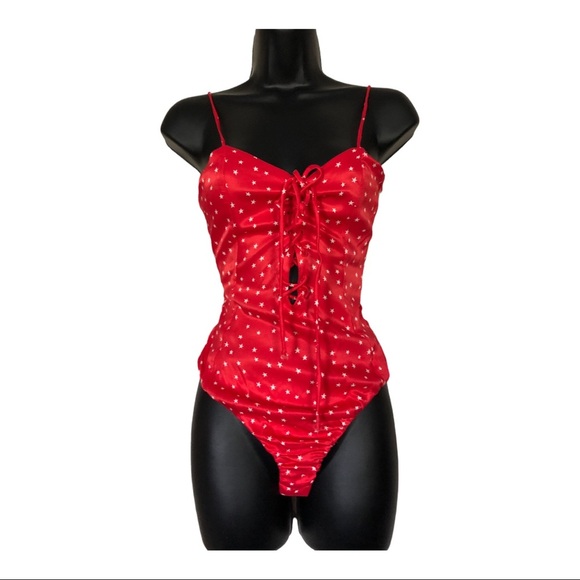 Zara red retro satin silk effect white stars lace-up spaghetti strap bodysuit - Picture 11 of 14